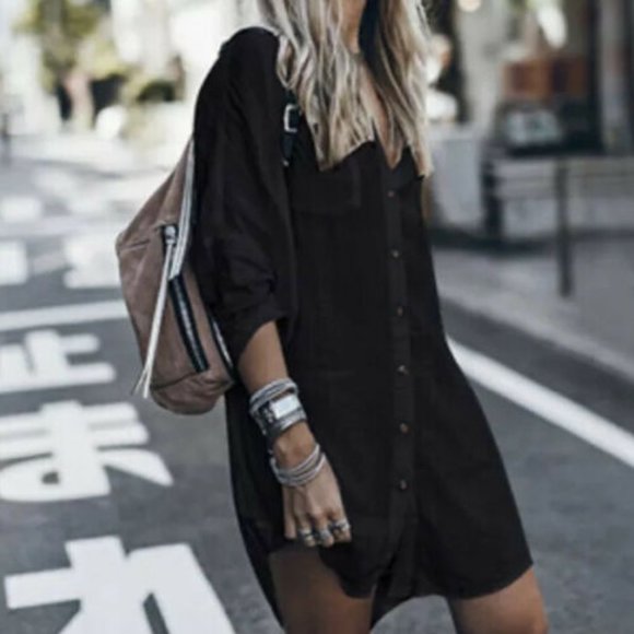 New Black Long Sleeve Button Front Shirt Dress Tunic Summer Beach Fall Market - Picture 3 of 8